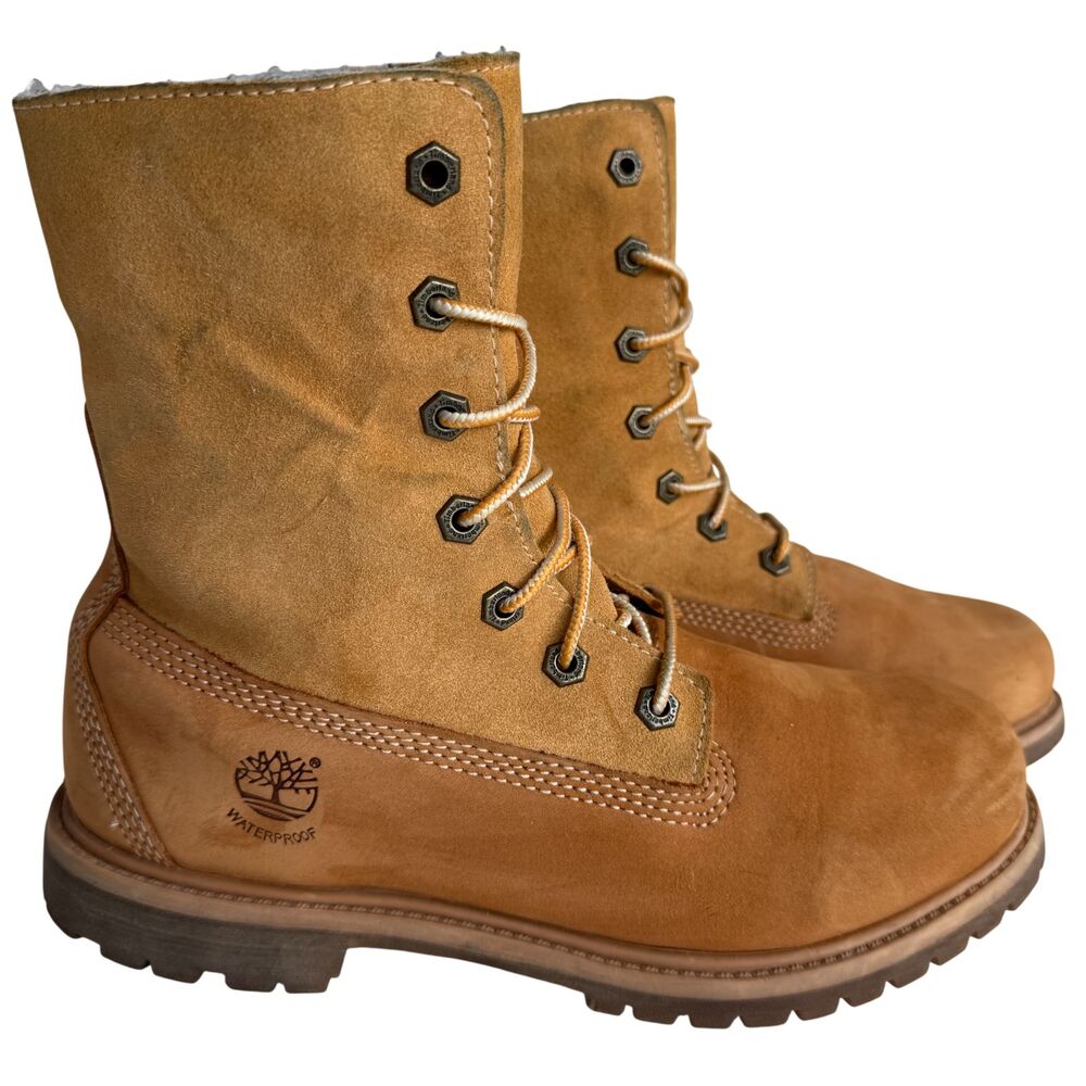 Timberland Womens Combat Boots Brown Leather Fold-Over Fleece Lined Lace Up 8.5M